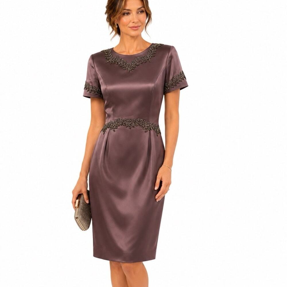 Vintage Black Tie Oleg Cassini Sz 8 Satin Beaded Short Sleeve Dress Brown Formal